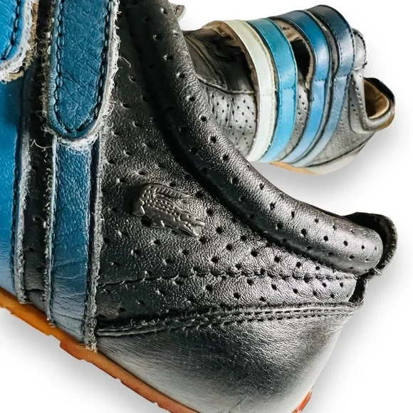 LACOSTE Mystere Punched Striped Velcro Leather Sneaker Black Blue Sz 5.5 US/ 36 - Picture 7 of 13